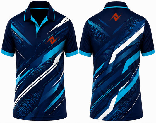 Premium navy Arctic Fusion cricket jersey front and back with orange logo on left chest and upper back, V-neck polo collar sublimation sports jersey
