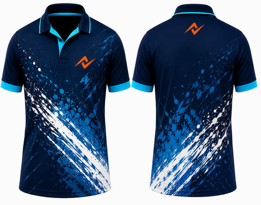 Premium navy blue Aqua Splash cricket jersey front and back with orange logo on left chest and upper back, blue and white paint splash graphics, V-neck polo collar sublimation sports jersey