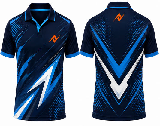 Premium navy blue electric cricket jersey front and back with orange logo on side chest and upper back, V-neck polo collar sublimation sports jersey