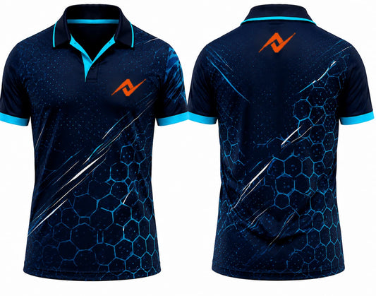 Premium navy blue hexagon tech cricket jersey front and back with orange logo on left chest and upper back, V-neck polo collar sublimation sports jersey