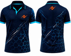 Premium navy blue hexagon tech cricket jersey front and back with orange logo on left chest and upper back, V-neck polo collar sublimation sports jersey
