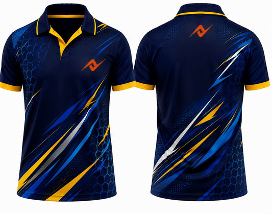 Premium navy blue lightning hex cricket jersey front and back with orange logo on left chest and upper back, V-neck polo collar sublimation sports jersey