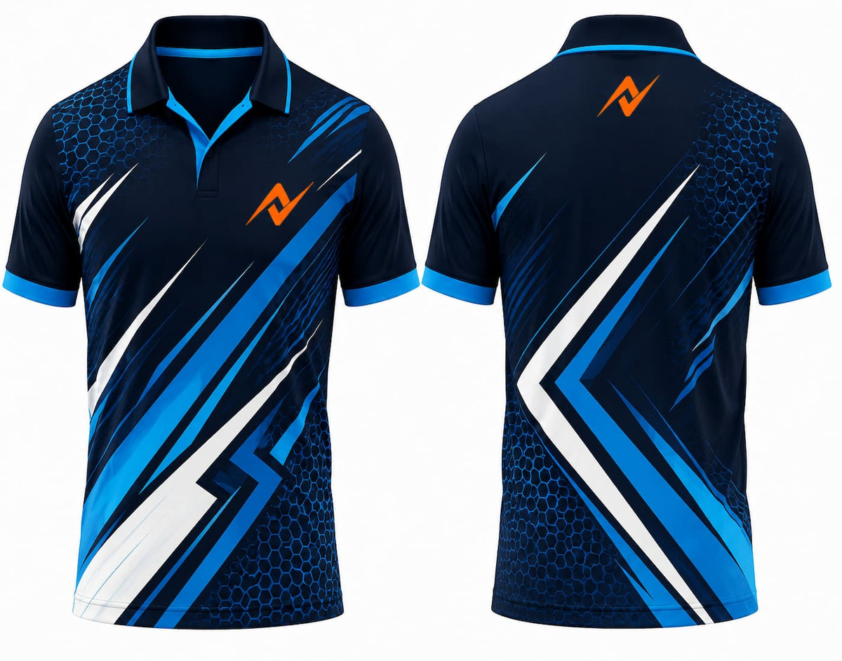 Premium navy blue lightning cricket jersey front and back with orange logo on side chest and upper back, V-neck polo collar sublimation sports jersey