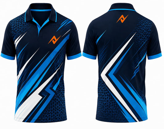 Premium navy blue lightning cricket jersey front and back with orange logo on side chest and upper back, V-neck polo collar sublimation sports jersey