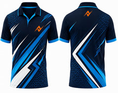 Premium navy blue lightning cricket jersey front and back with orange logo on side chest and upper back, V-neck polo collar sublimation sports jersey