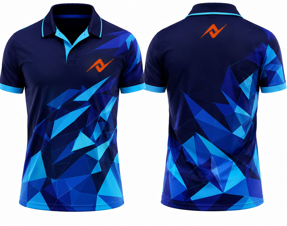 Premium navy blue polygon fusion cricket jersey front and back with orange logo on left chest and upper back, V-neck polo collar sublimation sports jersey