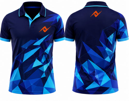 Premium navy blue polygon fusion cricket jersey front and back with orange logo on left chest and upper back, V-neck polo collar sublimation sports jersey