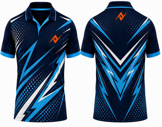 Premium navy blue and sky blue cricket jersey front and back with orange logo on side chest and upper back, V-neck polo collar sublimation sports jersey