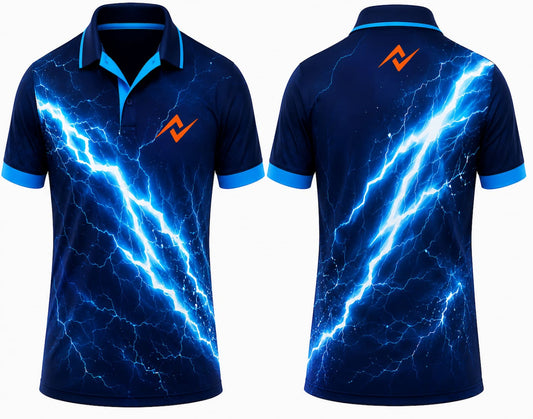 Premium navy blue Thunder Strike cricket jersey front and back with orange logo on left chest and upper back, electric blue lightning graphics, V-neck polo collar sublimation sports jersey