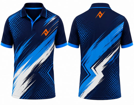 Premium navy blue and white cricket jersey front and back with orange logo on side chest and upper back, V-neck polo collar sublimation sports jersey