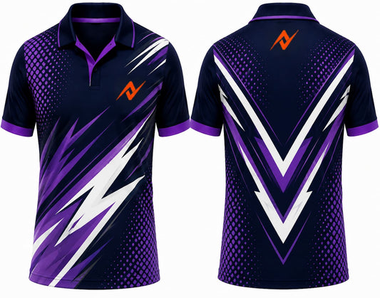 Premium navy and purple cricket jersey front and back with orange logo on side chest and upper back, V-neck polo collar sublimation sports jersey