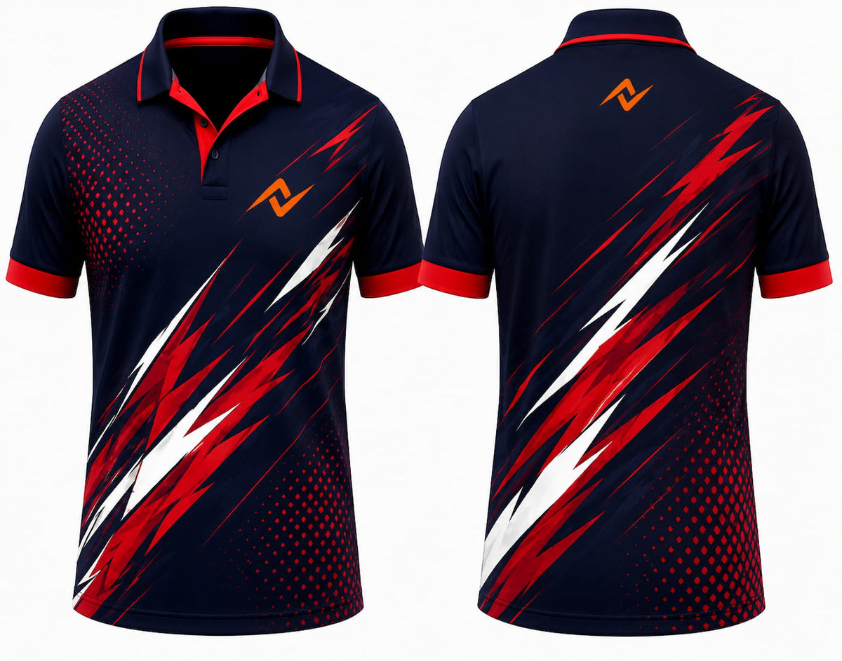 Premium navy red Lightning Strike cricket jersey front and back with orange logo on left chest and upper back, red and white lightning graphics, V-neck polo collar sublimation sports jersey