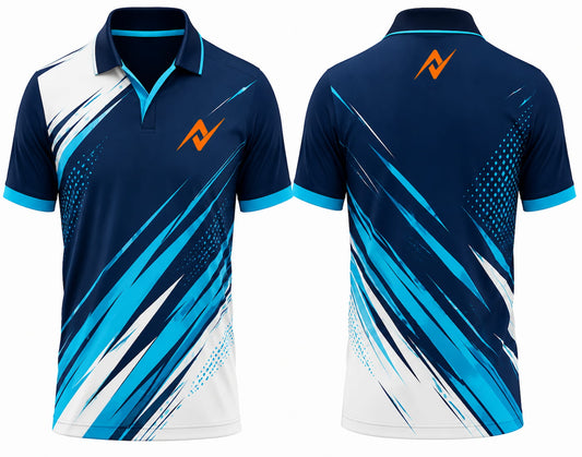 Premium navy and sky blue cricket jersey front and back with orange logo on side chest and upper back, V-neck polo collar sublimation sports jersey