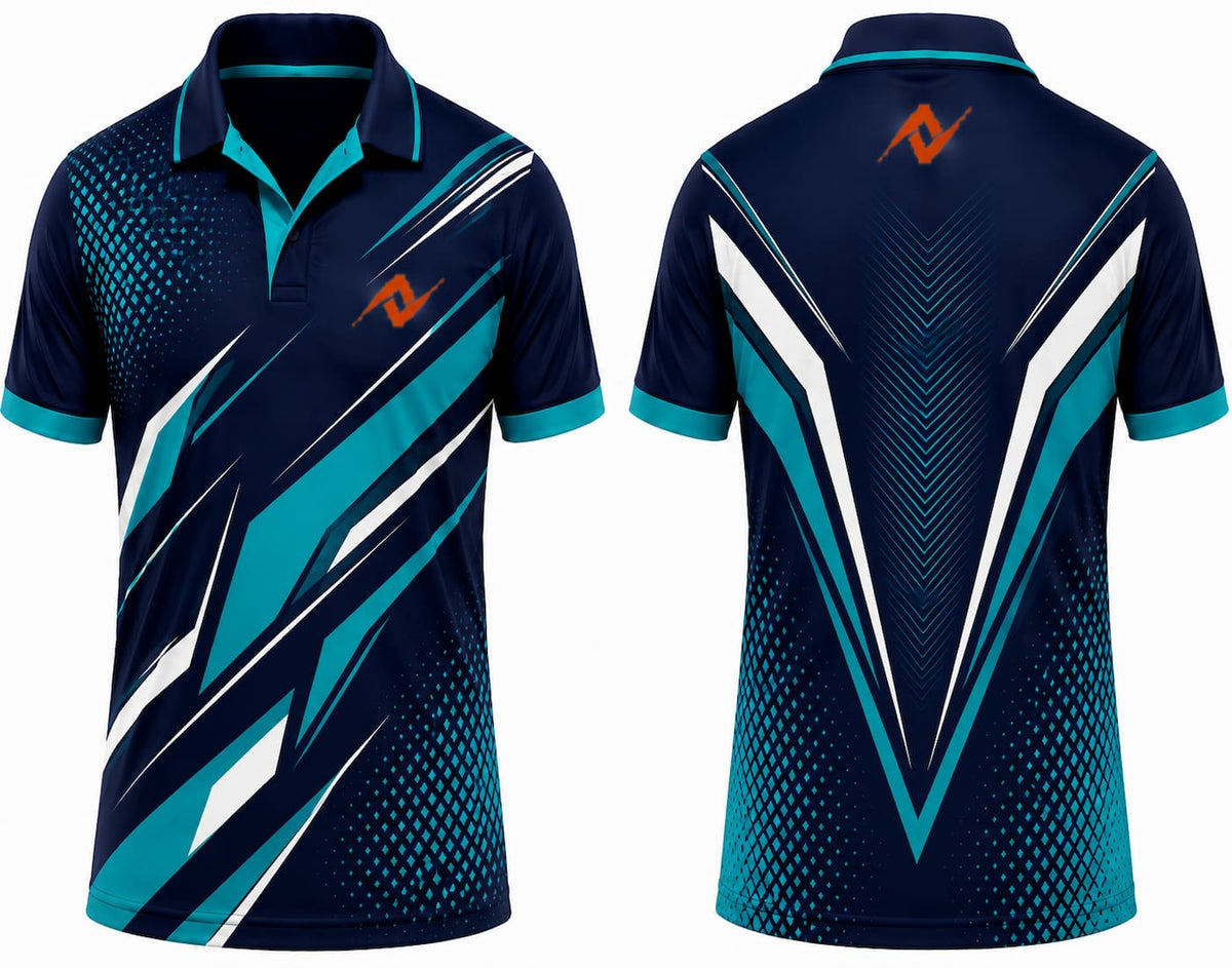 Premium navy teal Aero Strike cricket jersey front and back with orange logo on left chest and upper back, V-neck polo collar sublimation sports jersey