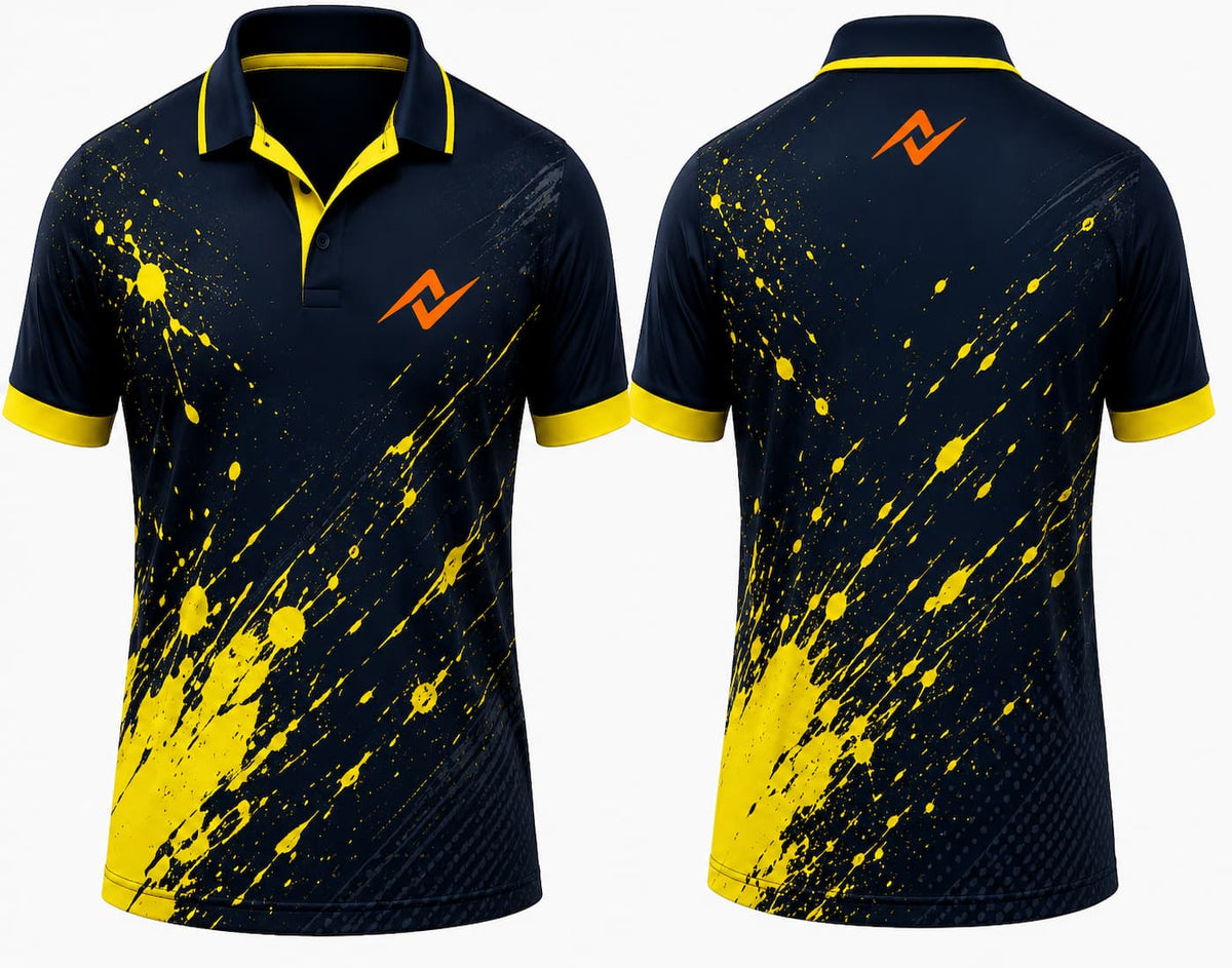 Premium navy blue and yellow Impact Splash cricket jersey front and back with orange logo, yellow paint splash graphics, V-neck polo collar sublimation cricket jersey