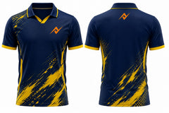 Premium navy yellow cricket jersey front and back with orange logo, V-neck polo collar sublimation sports shirt
