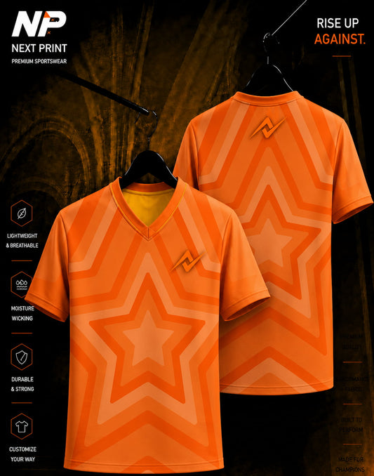 Premium orange star burst V-neck sublimation sports jersey front and back mockup with Next Print logo.