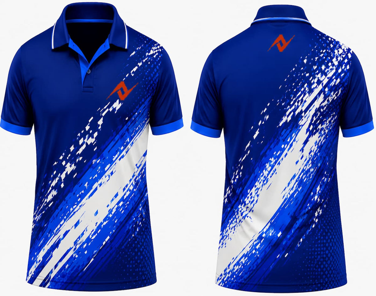 Premium royal blue Digital Storm cricket jersey front and back with orange logo on left chest and upper back, V-neck polo collar sublimation sports jersey