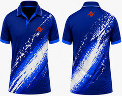 Premium royal blue Digital Storm cricket jersey front and back with orange logo on left chest and upper back, V-neck polo collar sublimation sports jersey