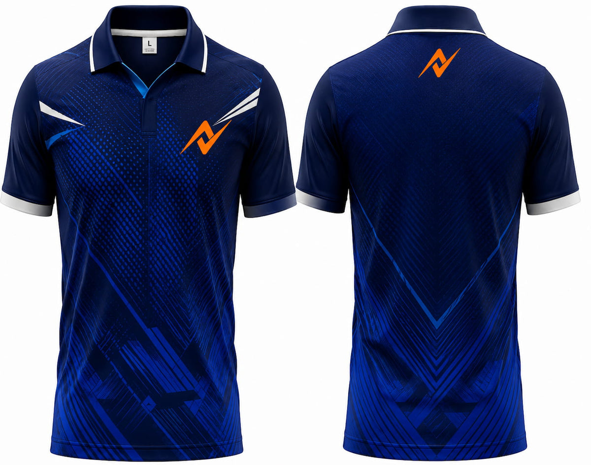 Premium royal blue cricket jersey front and back with orange logo on side chest and upper back, V-neck polo collar sublimation sports jersey