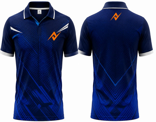 Premium royal blue cricket jersey front and back with orange logo on side chest and upper back, V-neck polo collar sublimation sports jersey