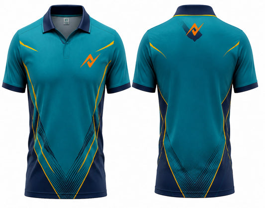 Premium teal and navy cricket jersey front and back with orange logo on side chest and upper back, V-neck polo collar sublimation sports jersey