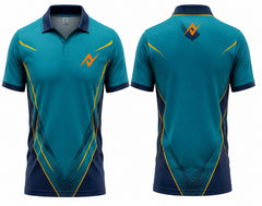 Premium teal and navy cricket jersey front and back with orange logo on side chest and upper back, V-neck polo collar sublimation sports jersey