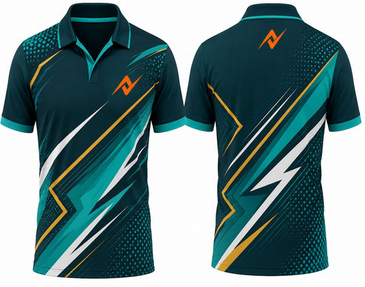 Premium teal white gold cricket jersey front and back with orange logo on side chest and upper back, V-neck polo collar sublimation sports jersey