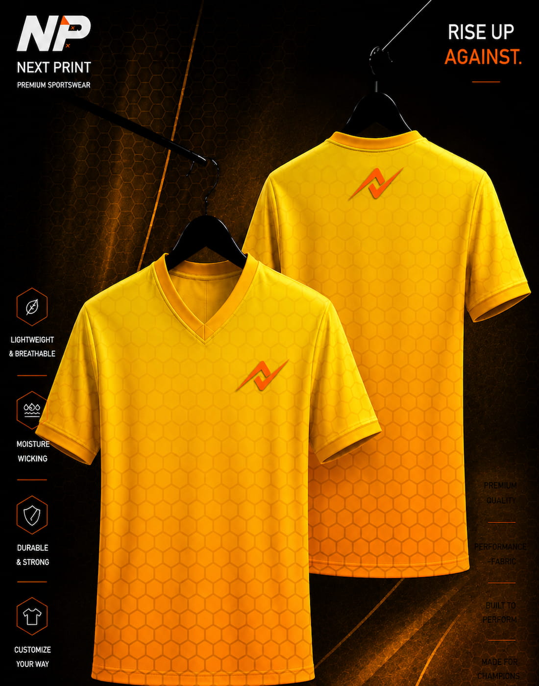 Premium yellow honeycomb gradient V-neck sublimation sports jersey front and back mockup with Next Print logo.