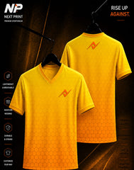 Premium yellow honeycomb gradient V-neck sublimation sports jersey front and back mockup with Next Print logo.