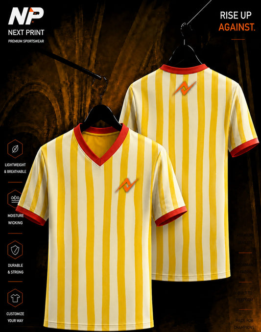 Premium yellow stripe V-neck sublimation sports jersey with custom logo for cricket, esports, football, volleyball, and team uniforms.