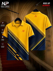 Front and back view of a Pro Yellow & Navy Velocity Edge Polo Sports Jersey featuring bold diagonal geometric panels, angular stripe graphics, and a premium polo V-neck collar.
