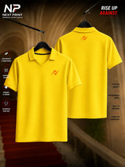 Front and back view of Pro Yellow Performance Polo Sports Jersey with solid yellow dry-fit fabric and polo V-neck collar.