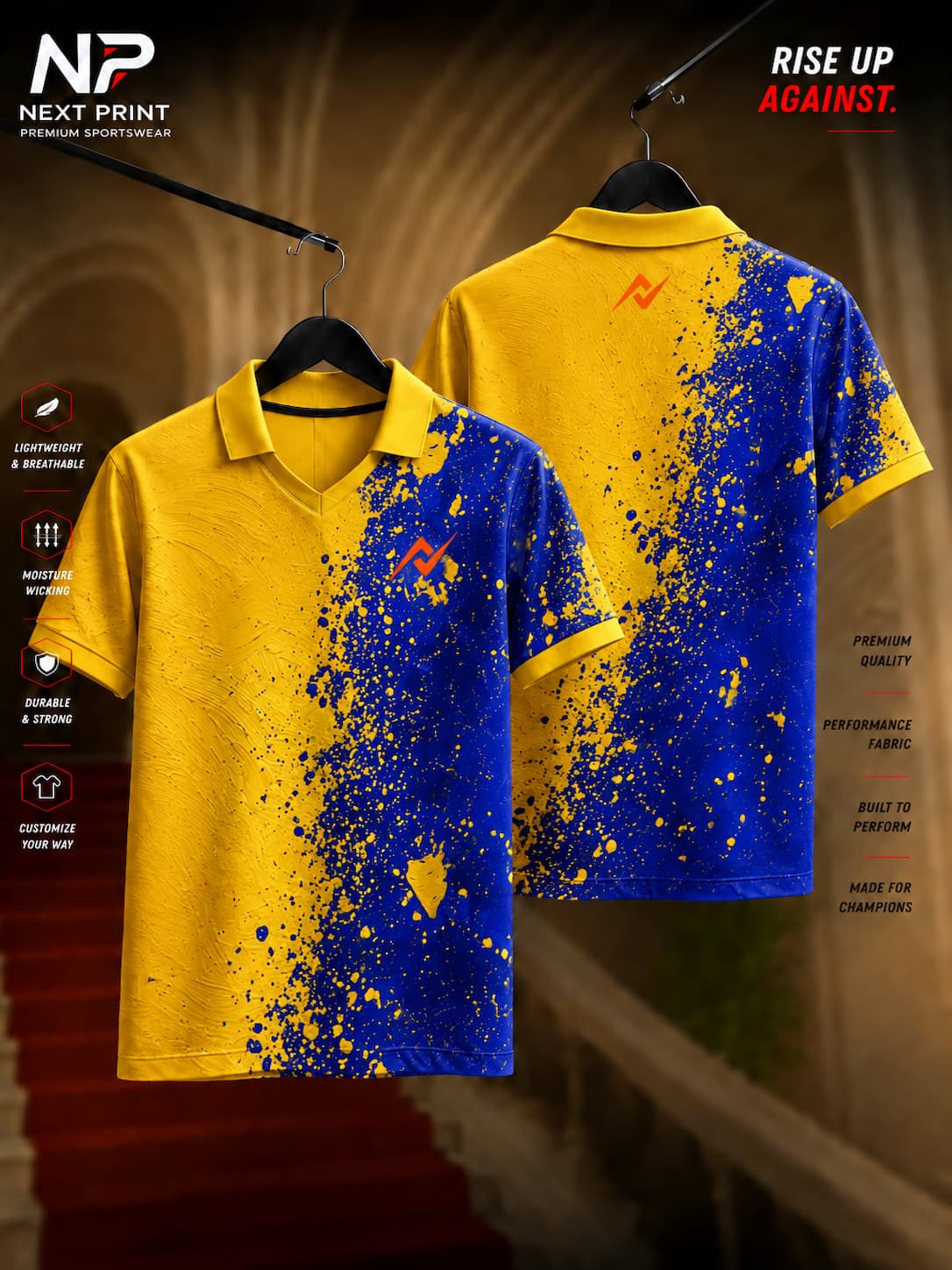 Front and back view of a Pro Yellow & Royal Blue Splash Polo Sports Jersey featuring a vibrant paint splash sublimation design with a polo V-neck collar.