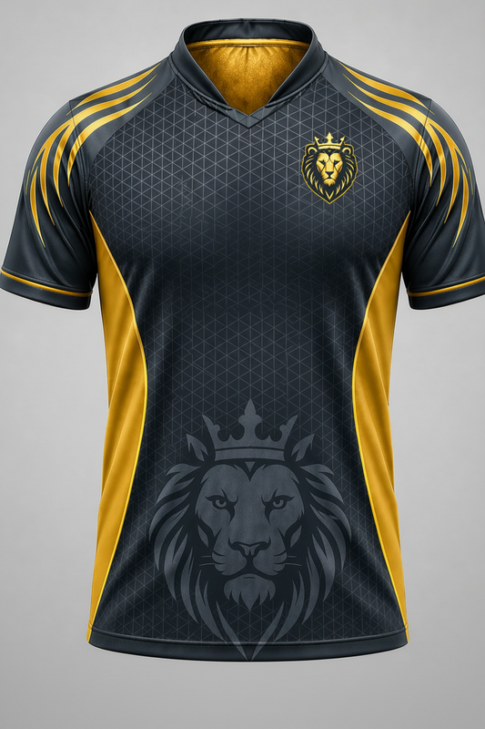 Black and gold cricket jersey with 'Mumbai Indian Cricket Club' text on a gray background