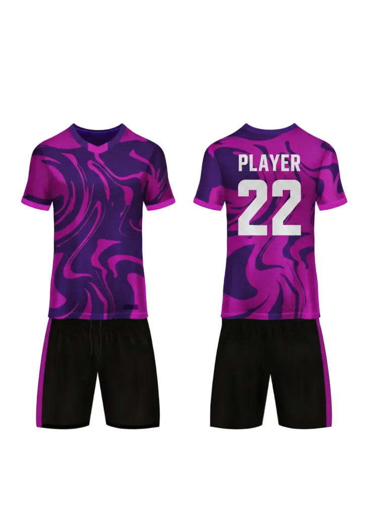 Purple and black abstract sports jersey with matching shorts front and back view custom football cricket and esports team uniform