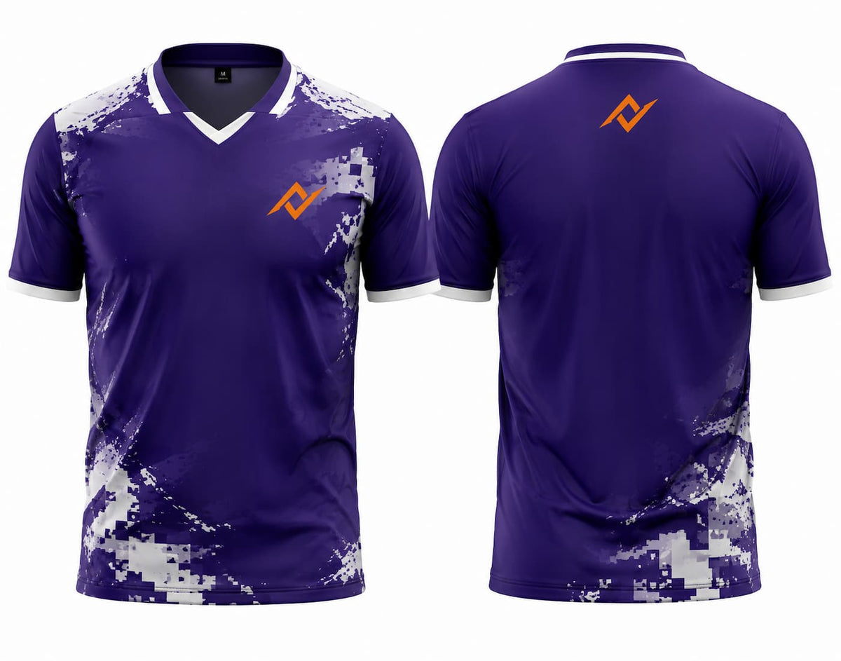 Front and back view of a purple V-neck cricket jersey featuring white and grey digital camouflage graphics with a custom logo on the chest and below the back neckline.
