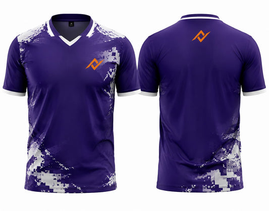 Front and back view of a purple V-neck cricket jersey featuring white and grey digital camouflage graphics with a custom logo on the chest and below the back neckline.