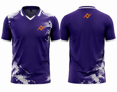 Front and back view of a purple V-neck cricket jersey featuring white and grey digital camouflage graphics with a custom logo on the chest and below the back neckline.