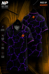 Front and back view of a black polo sports jersey featuring vibrant purple electric crack graphics on premium dry-fit performance fabric.
