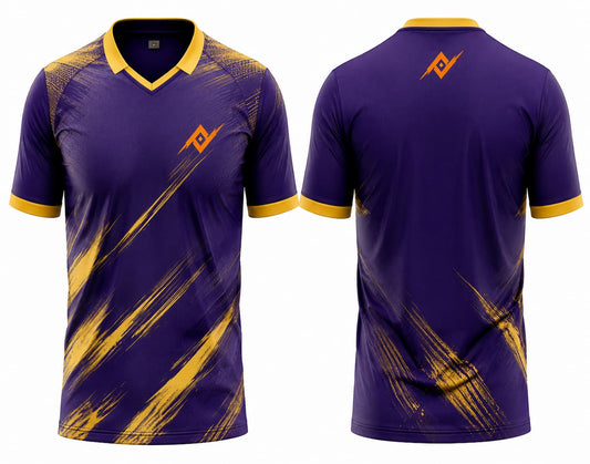 Front and back view of a purple and gold V-neck cricket jersey featuring dynamic gold brushstroke graphics and logo placement on the chest and below the back neckline.