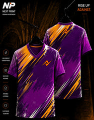 Purple and orange abstract brush sublimation V-neck sports jersey front and back view by Next Print