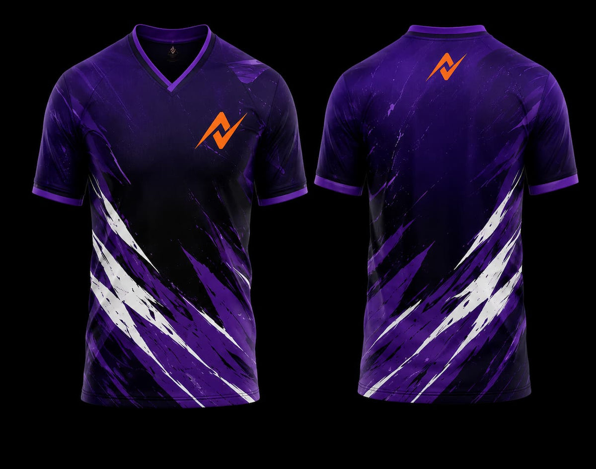 Front and back view of a purple V-neck esports jersey featuring white brushstroke graphics with an orange logo on the chest and below the back neckline.
