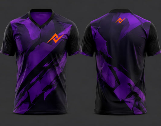 Front and back view of a black and purple V-neck cricket jersey featuring abstract geometric graphics with an orange chest logo and back neck logo.