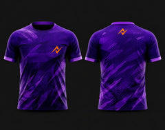 Front and back view of a purple round neck cricket jersey with abstract geometric graphics and orange logo, customizable cricket team sports jersey.