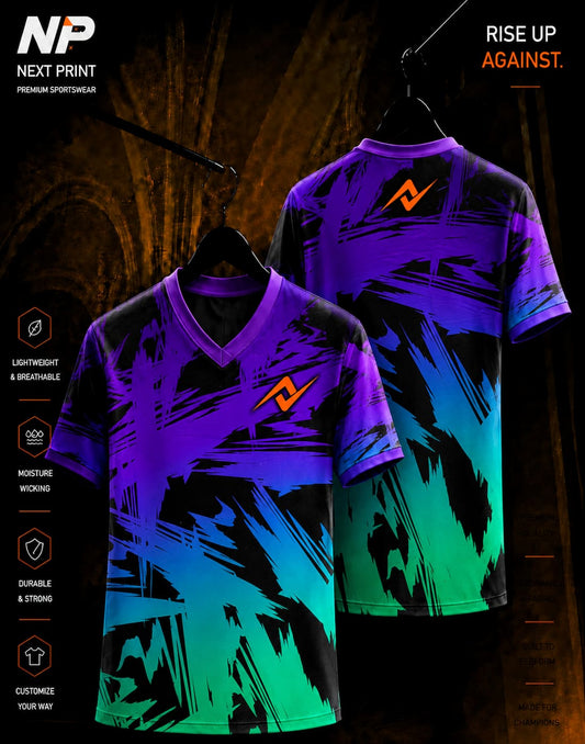 Purple teal and black abstract brushstroke sublimation V-neck sports jersey front and back by Next Print