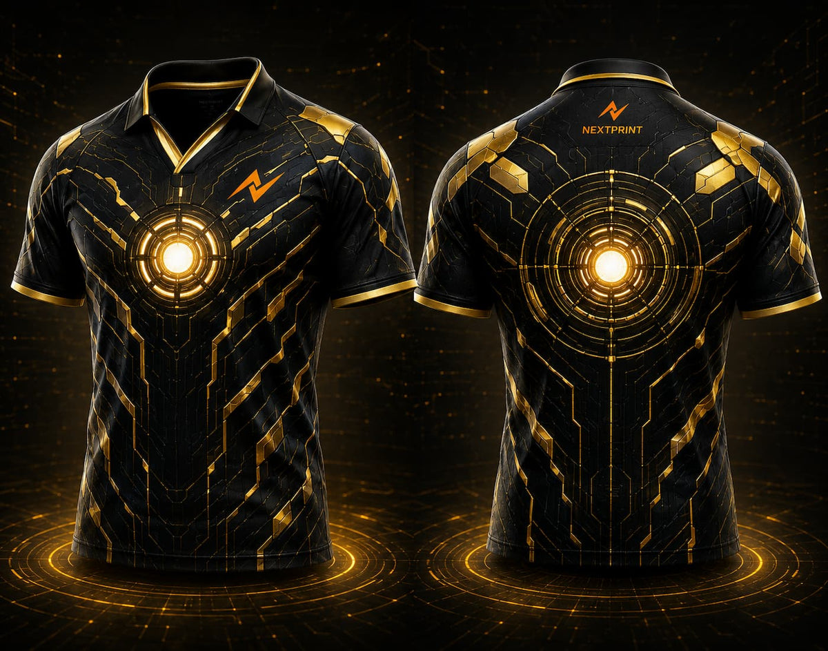 Front and back view of Quantum Strike black and gold V-neck esports polo jersey featuring a glowing reactor core design with side chest logo and back neck logo placement.
