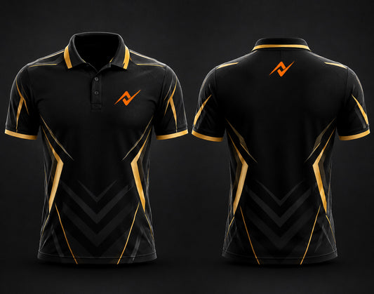 Premium black and gold cricket polo collar jersey front and back view with logo on side chest and back neck.