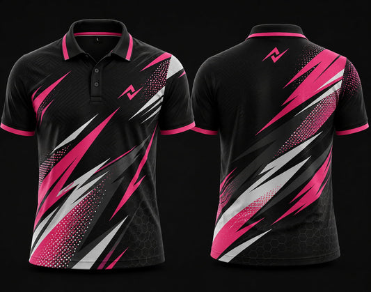 Premium black, pink, and white cricket polo collar jersey front and back view featuring logo placement on side chest and back neck area.