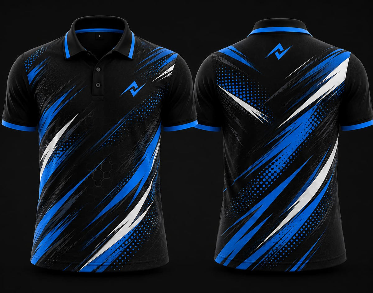Premium black, royal blue, and white cricket polo collar jersey front and back view with logo on side chest and back neck placement.